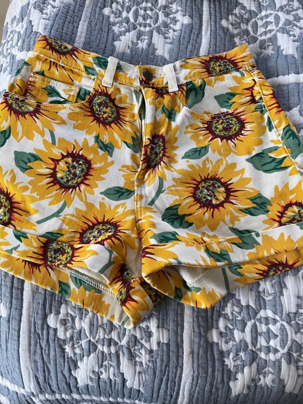 American Apparel White Sunflower Print High Waist Shorts - Picture 2 of 7
